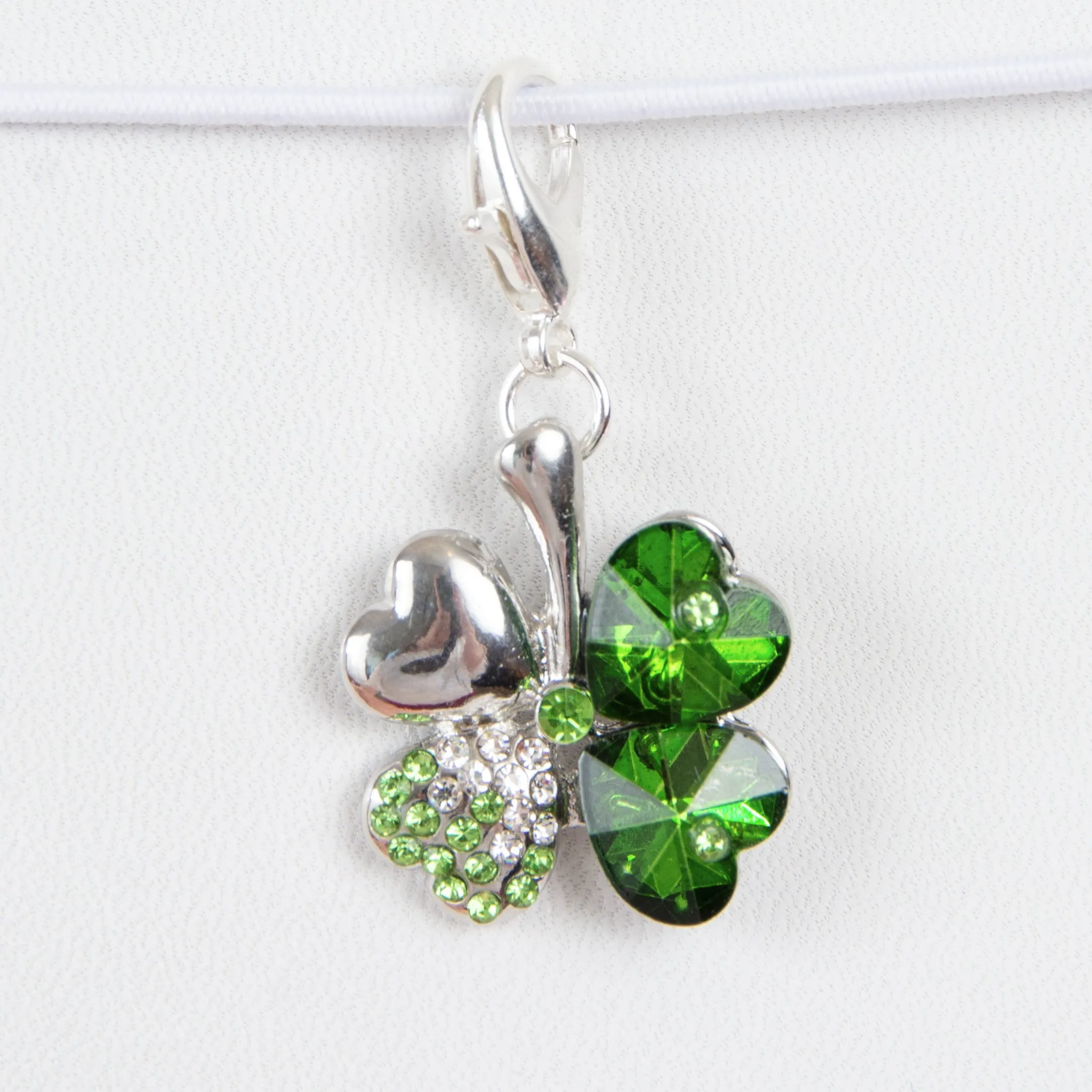 Shamrock - 4 Leaf Clover Charm with Green Heart Crystals and Rhinestone Accents