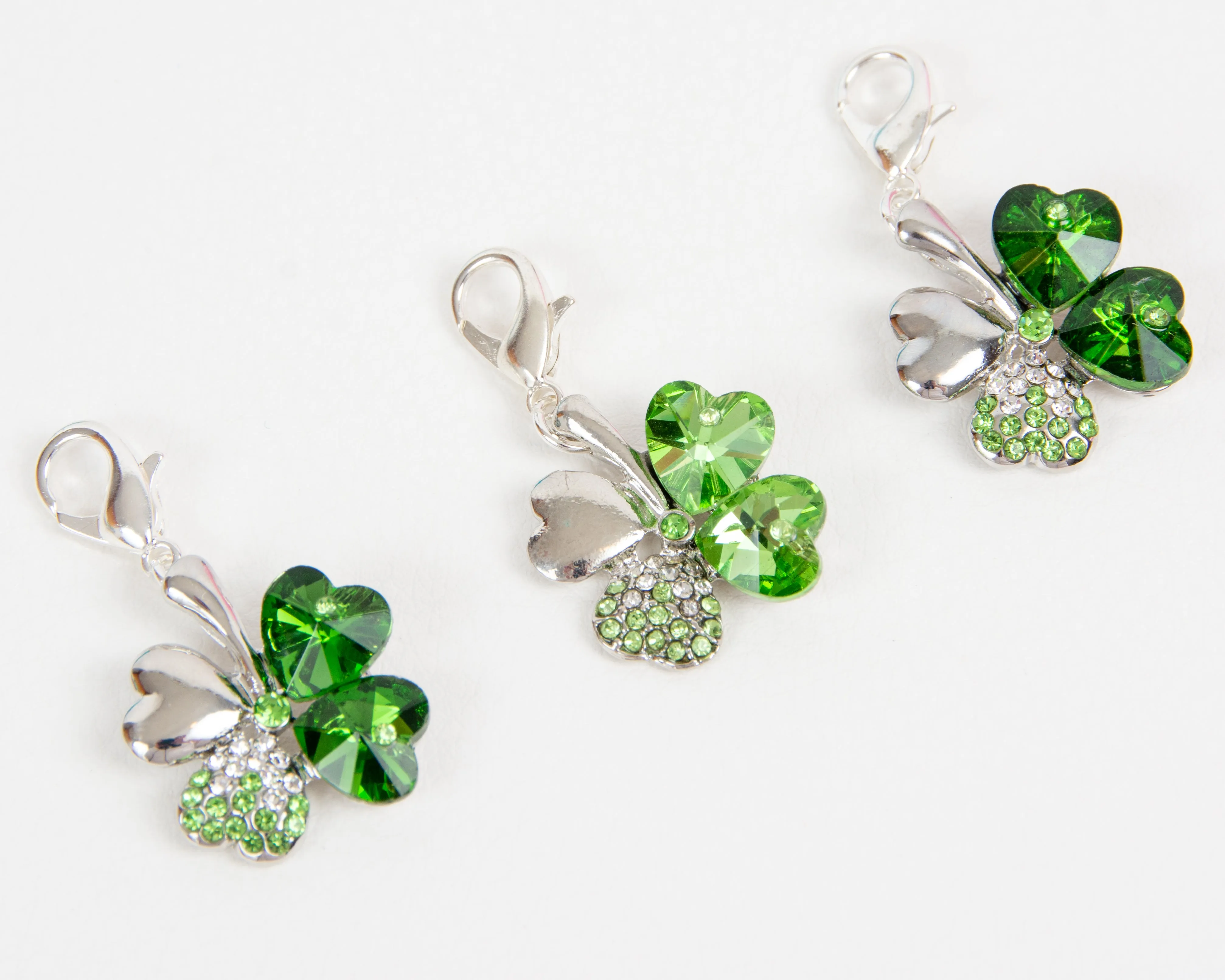 Shamrock - 4 Leaf Clover Charm with Green Heart Crystals and Rhinestone Accents