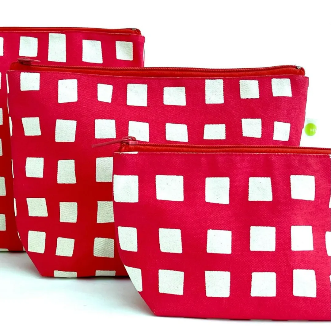 Small Canvas Zipper Pouch: Red Squares