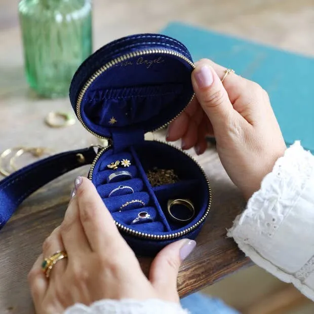 Starry Night Printed Velvet Round Jewelery Case in Navy