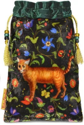 The Ginger Cat bag. Printed on silk velvet. Green velvet version.