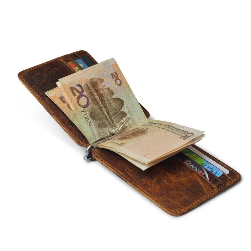 Thin Billfold Vintage Wallet Men Money Clips Genuine Leather Clamp for Money Holder Credit Card Case Cash Clip 12 Card Pocket