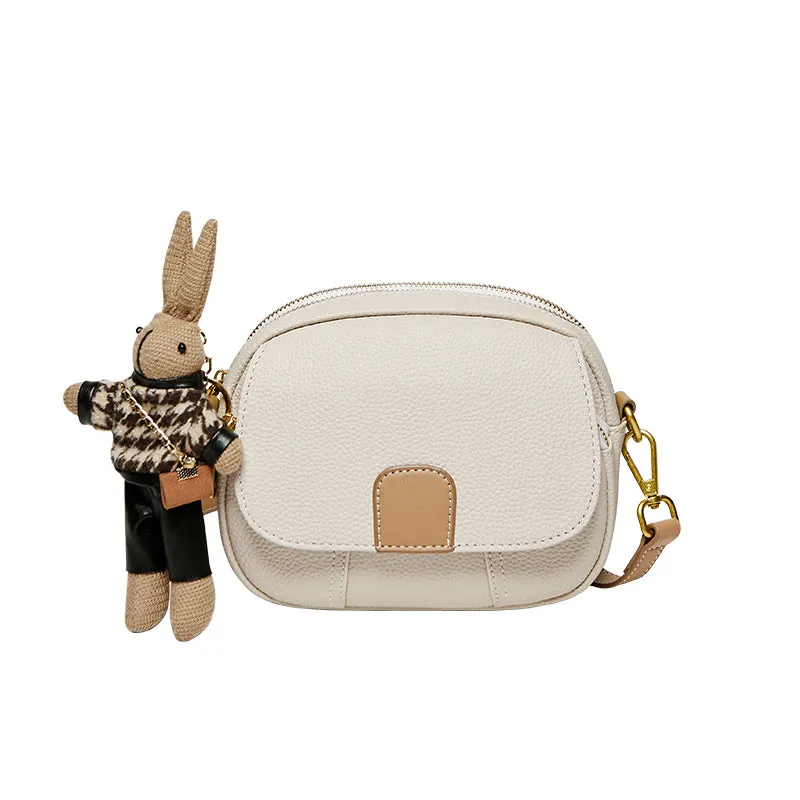 Trendy Rabbit Charm Round Leather Bag