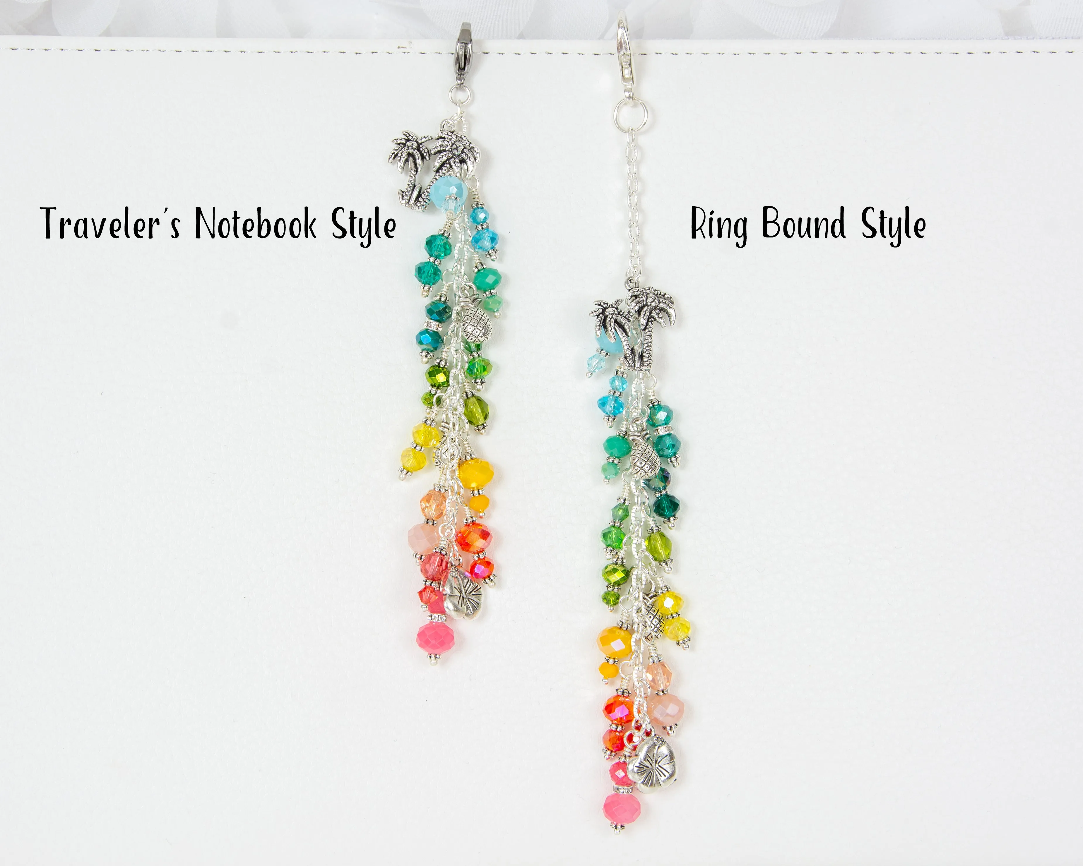 Tropical Planner Charm with Flower, Pineapple and Palm Tree and a Rainbow Crystal Dangle