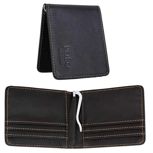 VICUNA POLO Vintage Simple Design Solid Genuine Leather Men Money Clip Wallet Slip Metal Short Wallet Men Genuine Leather Wallet