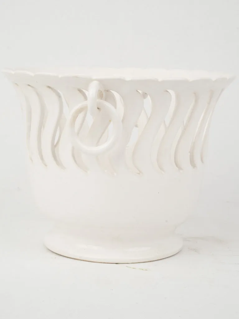 Vintage White Ceramic Cachepot w/ Wavy Cut-Out Design 7"