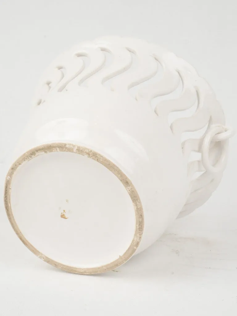 Vintage White Ceramic Cachepot w/ Wavy Cut-Out Design 7"