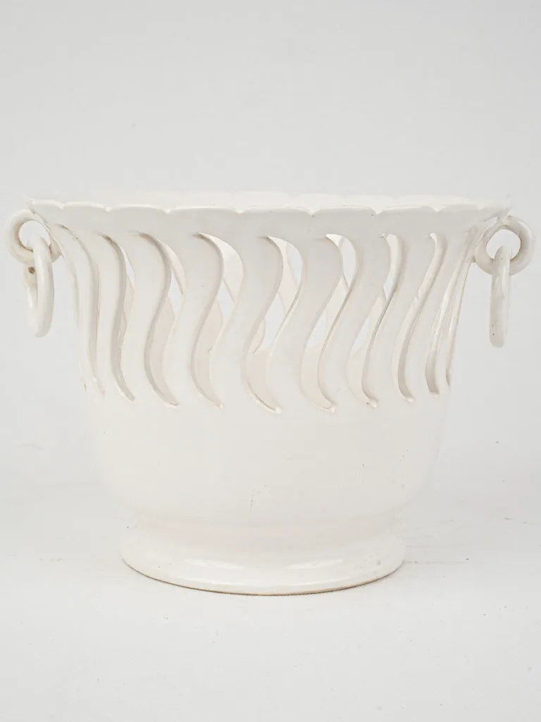 Vintage White Ceramic Cachepot w/ Wavy Cut-Out Design 7"