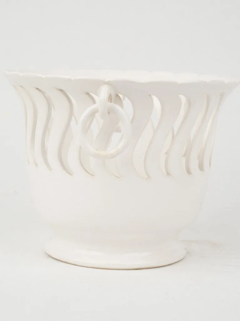 Vintage White Ceramic Cachepot w/ Wavy Cut-Out Design 7"