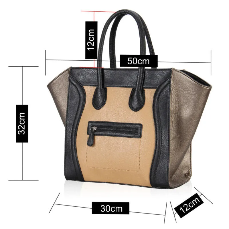 VN 2016 Fashion Ladies PU Leather Smiley Tote Bags Vintage Smile Face Gold Leather Handbags Casual Women's Handbags Shoulder Bag