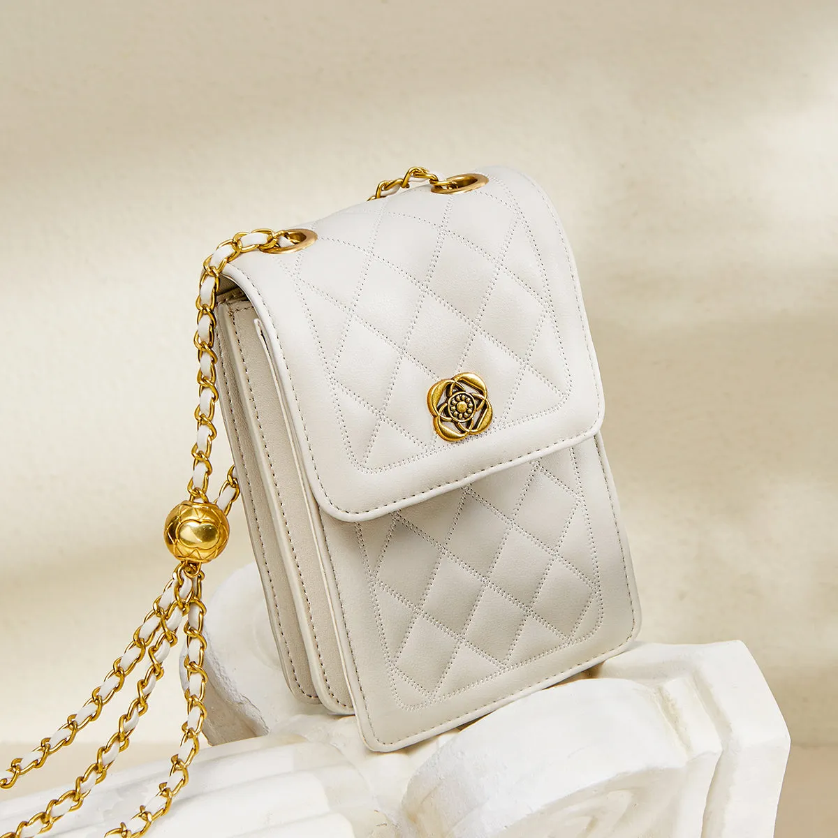 White Quilted Leather Chain Strap Bag