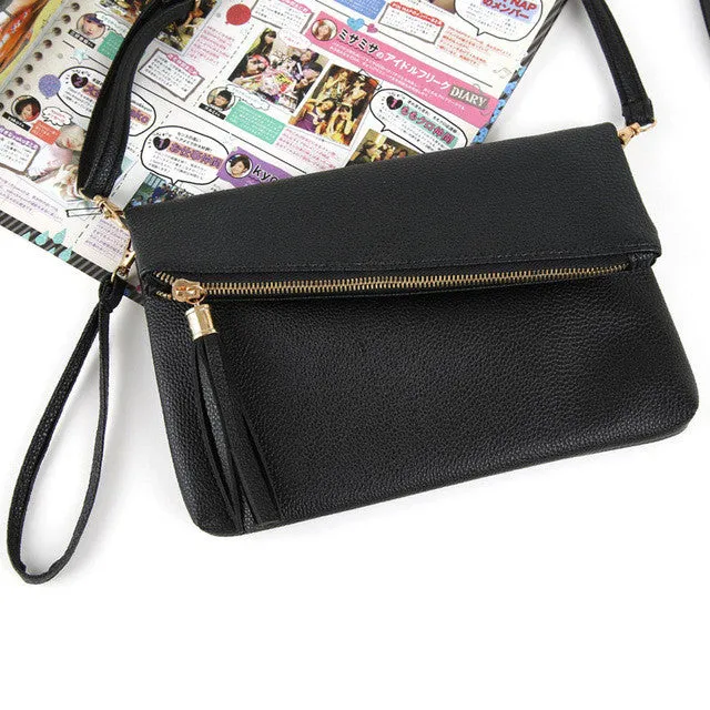 Women Leather Fashion Messenger Bag Tassel Fold Cover Sling Girl Shoulder Crossbody Bag Famous Brand Design Envelope Bolsas